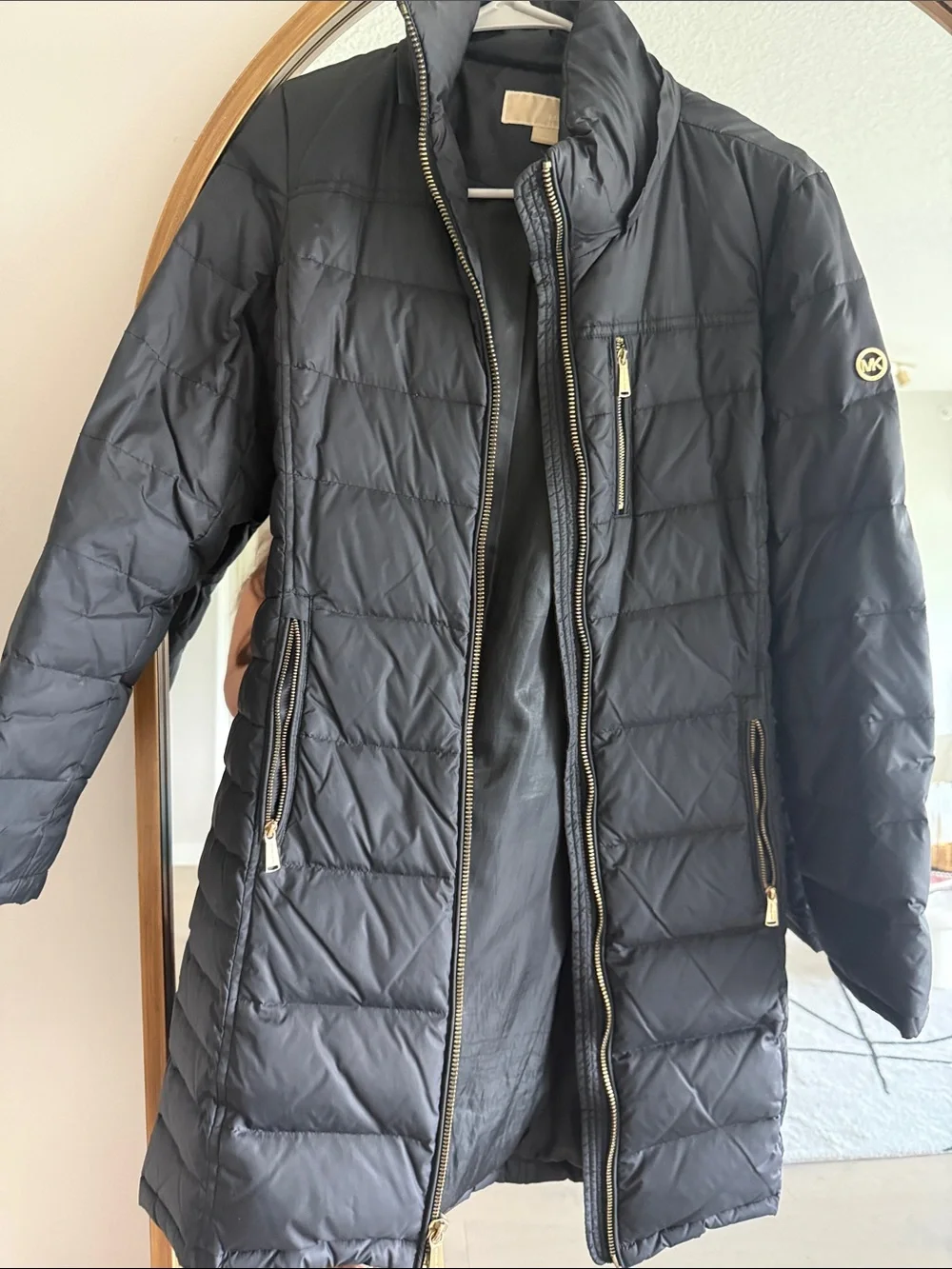 Michael Kors Black Long Quilted Puffer Coat with Gold Hardware